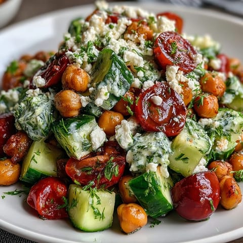 A vibrant cold chickpea salad with lemon herbs, fresh veggies, and creamy feta—perfect for a light summer lunch.