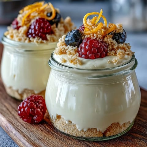 Lemon mousse cups with buttery shortbread cookies, garnished with fresh berries and lemon zest curls.  