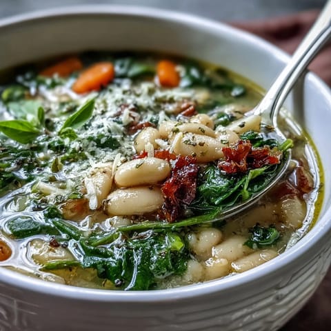 Creamy Tuscan White Bean and Spinach Soup in a slow cooker, packed with tender vegetables and fresh spinach in a savory herb broth.