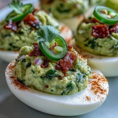 Creamy guacamole stuffed into classic deviled eggs, garnished with smoked paprika and fresh cilantro for a vibrant appetizer.
