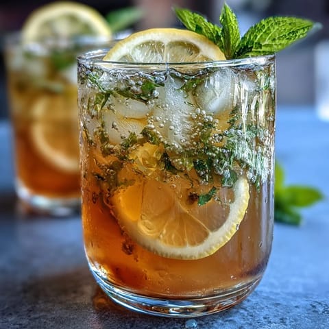 Vibrant iced peach green tea lemonade with fresh peach slices and mint.