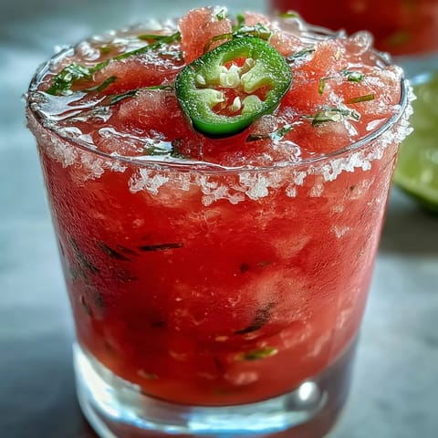 Vibrant Cinco de Mayo Watermelon Jalapeño Margarita Mocktail bursting with frosty, refreshing sweet and spicy flavors.