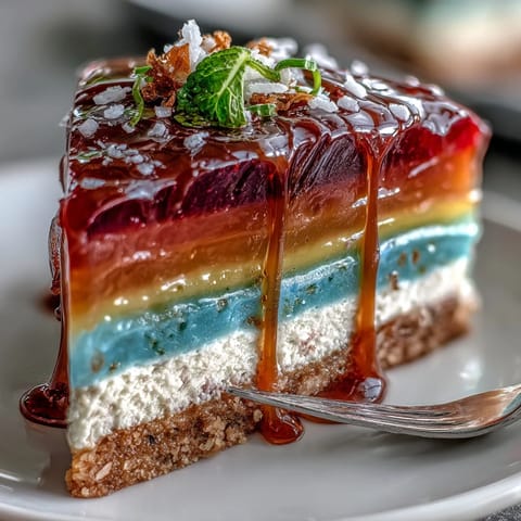 Vibrant rainbow jelly cake with creamy coconut top, perfect for dessert.