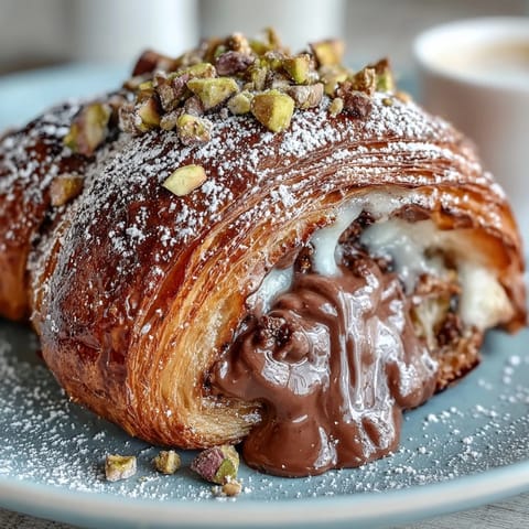 Golden-brown Dubai Chocolate Pistachio Croissant French Toast, oozing melted chocolate.