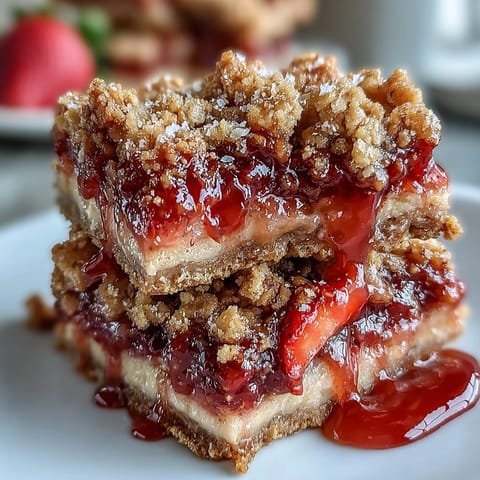Golden-brown strawberry rhubarb crumble bars ready to serve.