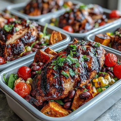 Grilled BBQ chicken meal prep bowls loaded with sweet potato and veggies.