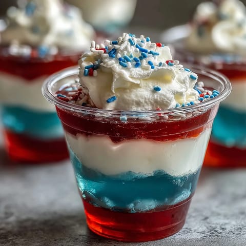Alcohol-free Firecracker Jello Shots chilling, ready for red, white, and blue celebration.