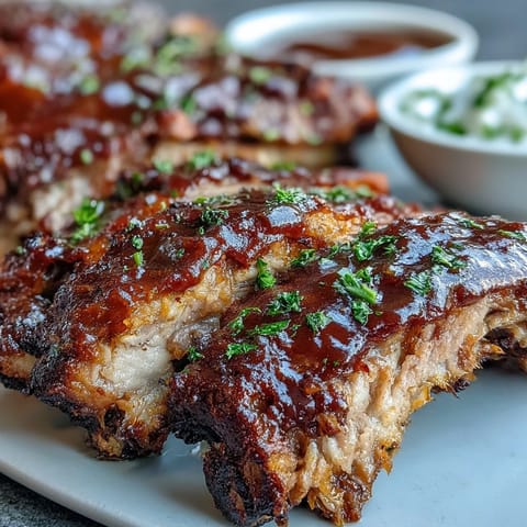 Father's Day BBQ Rib Board: tender pork ribs glistening with glaze and three delicious dipping sauces.