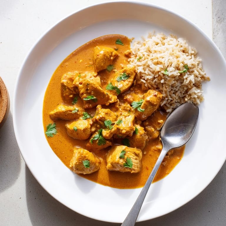 A bowl of vibrant Chicken Tikka Masala paired with warm naan and a lemon wedge.