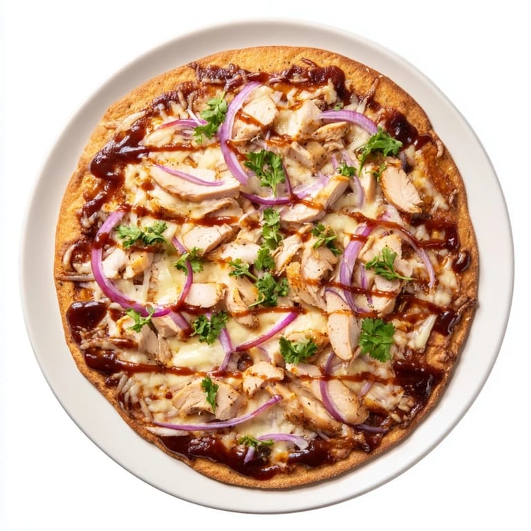 Sliced Chicken BBQ Pizza on a wooden board, showcasing a charred crust and tangy barbecue glaze, ready to serve for dinner.