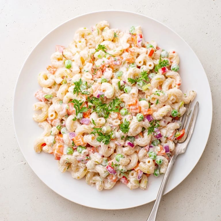Bowl of creamy Macaroni Salad garnished with parsley, ready to enjoy with grilled burgers at a barbecue.