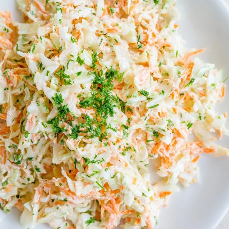 A chilled bowl of Coleslaw with Apple, topped with fresh parsley, served as a refreshing side for BBQs.