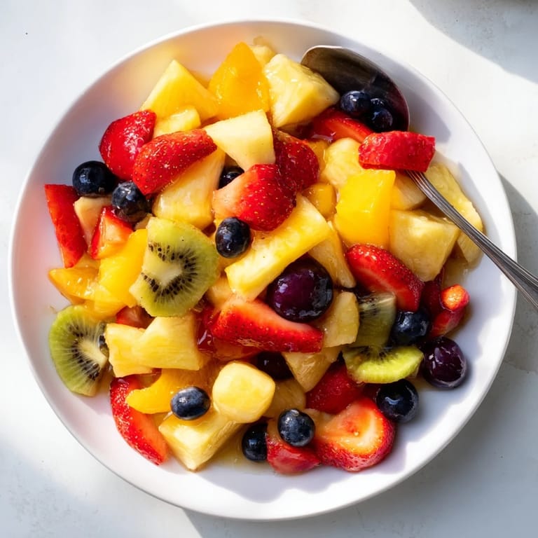 A vibrant bowl of Fruit Salad mixing red strawberries, green kiwi, and blue blueberries on a table.