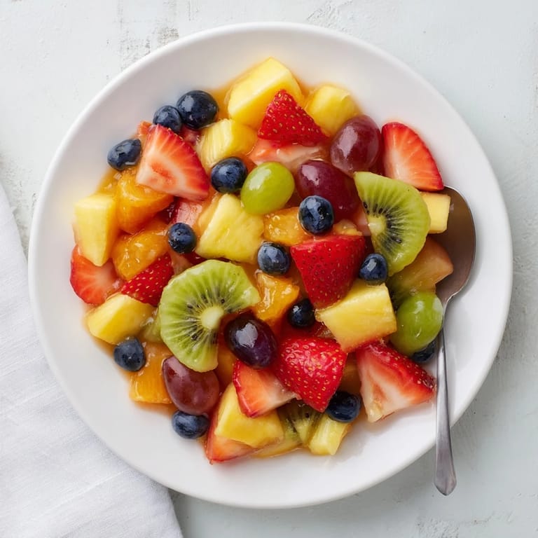 Colorful Fruit Salad tossed with juicy grapes and pineapple, ready to serve at a sunny summer picnic.