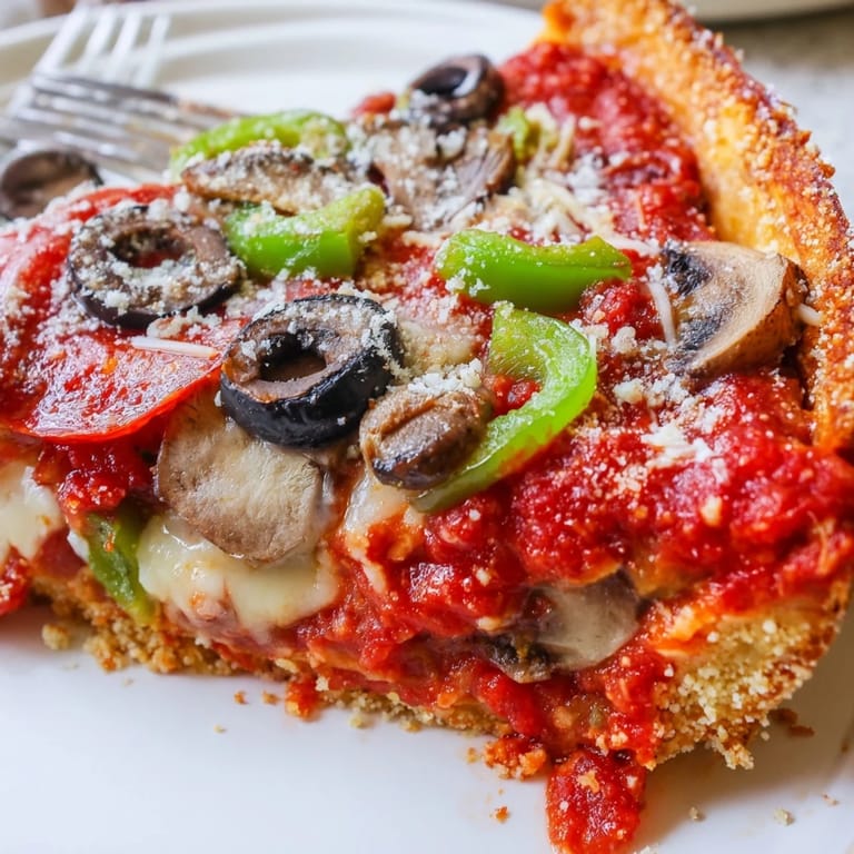 Golden-brown Chicago-style Deep Dish Pizza sits on a rustic wooden table, with steam rising from the chunky red tomato sauce.