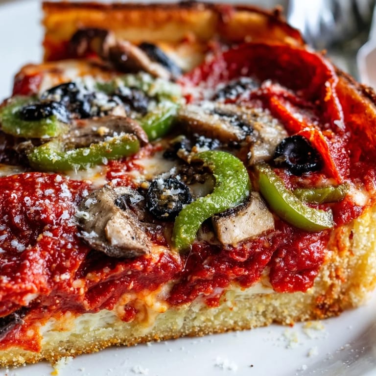 A slice of hearty Deep Dish Pizza is lifted from the pan, stretching with melted cheese and revealing a filling of peppers and mushrooms.