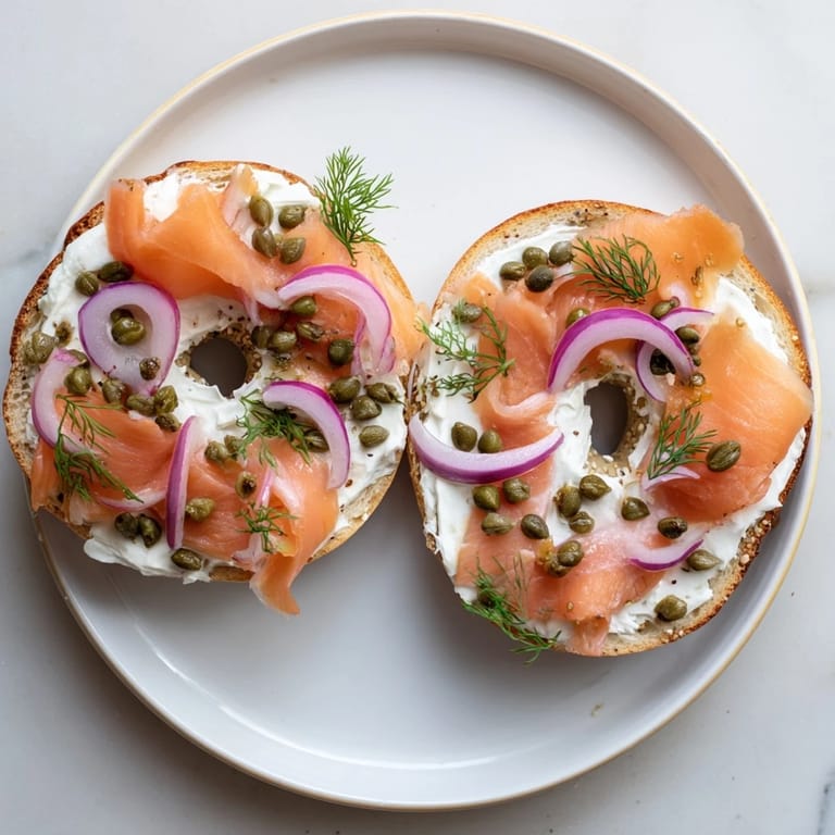 Golden-brown bagel halves generously slathered with creamy spread and fresh veggies for a quick breakfast.