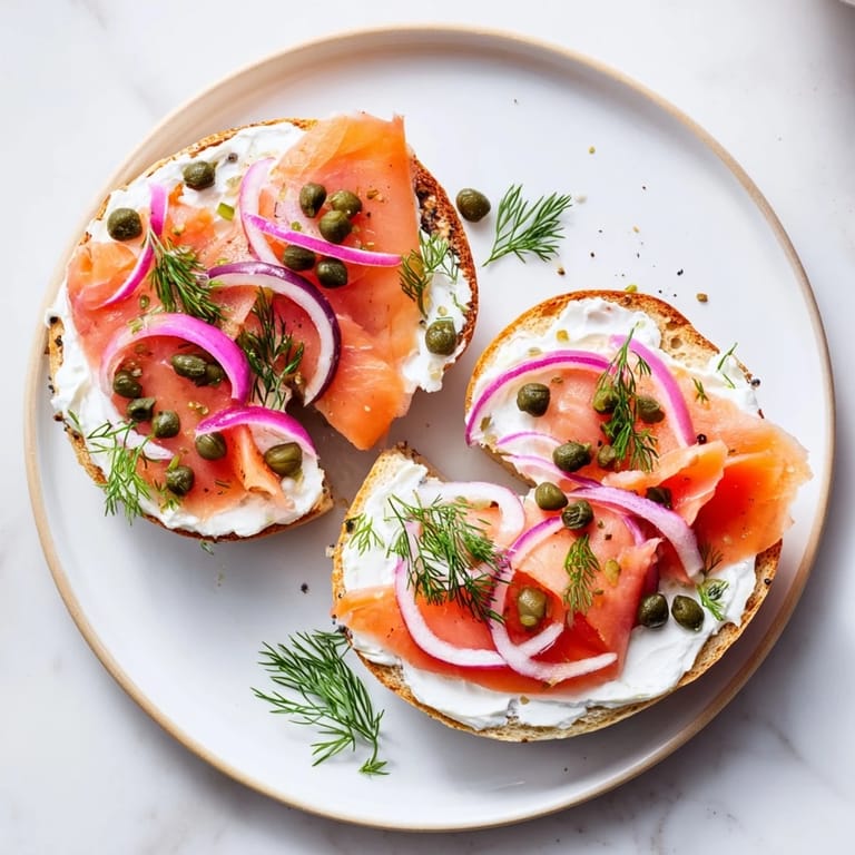 Close-up of a warm bagel with cream cheese, capers, and red onion slices ready to eat.