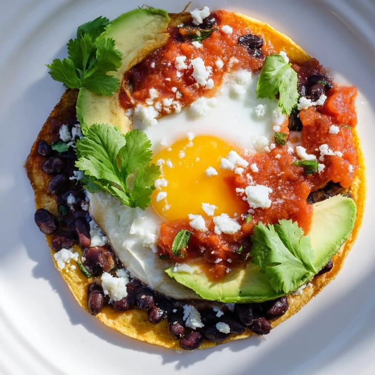 A vibrant plate of classic Huevos Rancheros features hearty black beans, a zesty tomato-chili sauce, and fresh cilantro garnish for a Mexican breakfast.