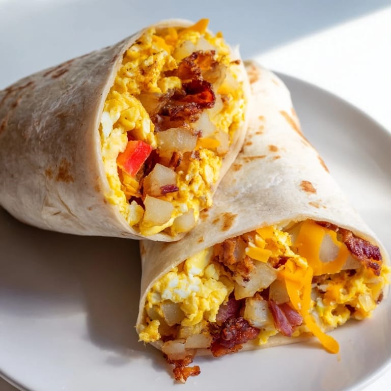 Freshly grilled Breakfast Burrito wrapped tightly, stuffed with scrambled eggs, potatoes, and sausage, paired with avocado slices on a plate.