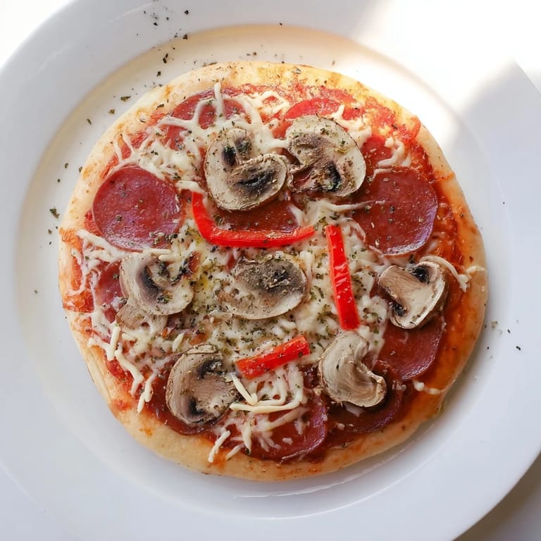 Freshly baked Stuffed Crust Pizza with mushrooms and peppers, served hot and ready for family dinner.