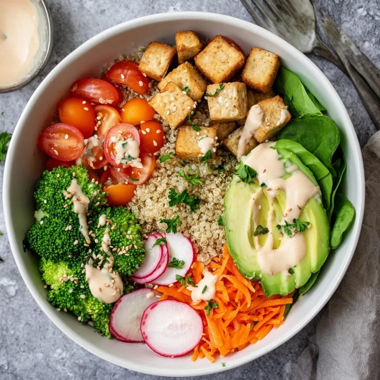 Colorful vegetables and juicy chicken slices fill this vibrant Buddha Bowl, topped with toasted sesame seeds.