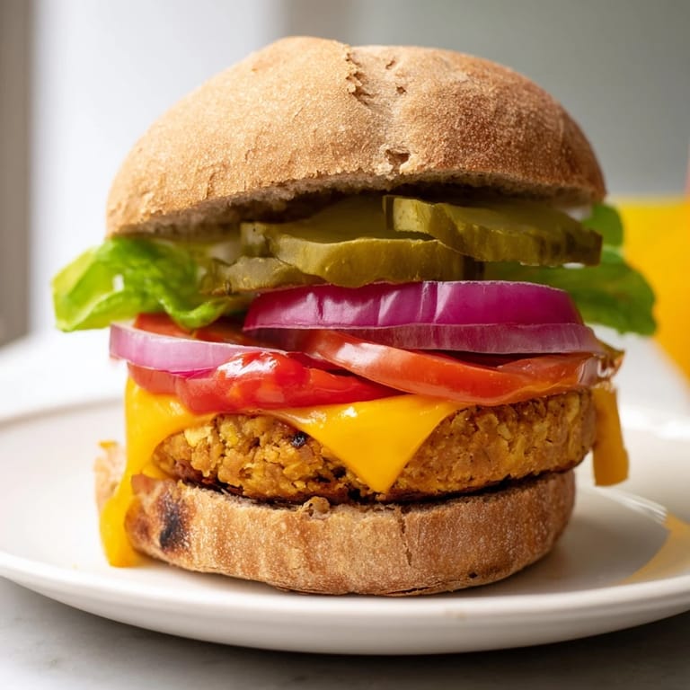 Homemade veggie burger served with a side of sweet potato fries and a crisp green salad on a rustic table.