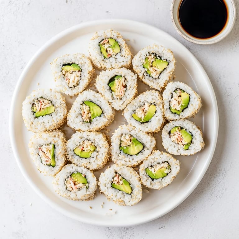 Freshly rolled California Roll cut into bite-sized pieces, revealing crisp cucumber and imitation crab inside, placed on a bamboo mat for an authentic sushi-making look.