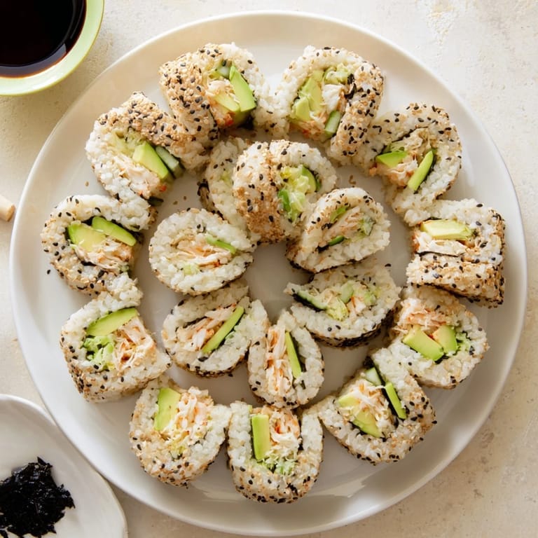 A vibrant California Roll served on a white plate with wasabi and ginger on the side, highlighting the seasoned rice and nori wrap for a delicious meal.