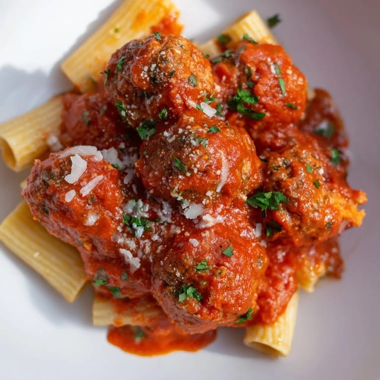 Juicy turkey meatballs and marinara sauce spooned over pasta, with a side salad and olive oil drizzle on the table.