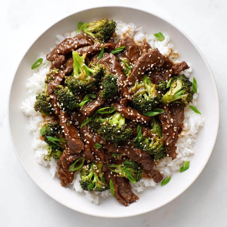 Sizzling skillet of Beef and Broccoli served with jasmine rice, sesame seeds, and fresh scallions for a complete weeknight meal.