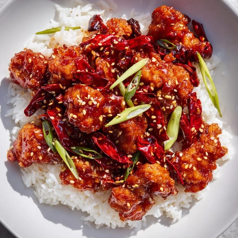 American Chinese General Tsos Chicken, golden and crunchy, coated in a sweet and tangy glaze, ready to enjoy with chopsticks over a bed of fluffy rice.
