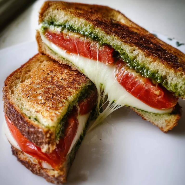 Golden-brown sourdough slices frame the vibrant layers of fresh mozzarella and ripe tomato in this Caprese Pesto Grilled Cheese.  
