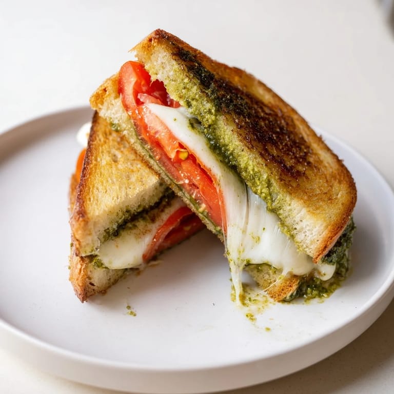 A close-up of a warm Caprese Pesto Grilled Cheese shows melted cheese pulling away from the crusty, pesto-smeared bread.