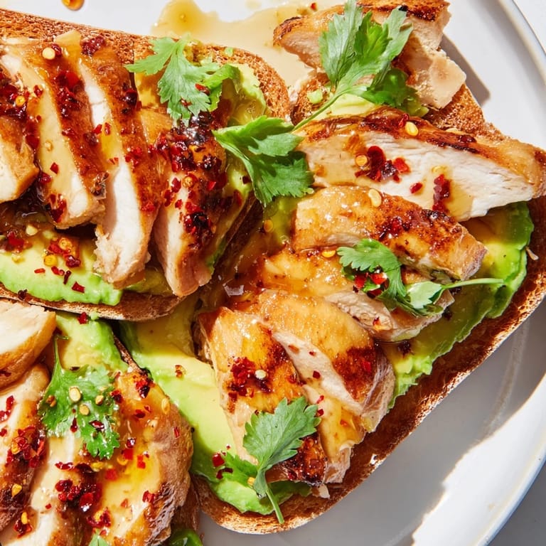 A close-up of Smashed Avocado Chicken Toast shows vibrant green avocado, juicy chicken slices, and fresh herbs, perfect for an easy high-protein brunch or lunch.