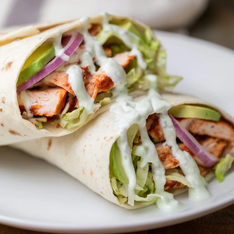 Overhead view of the Smoky Chipotle Chicken Wrap, garnished with red onion and cilantro on a rustic wooden serving board.