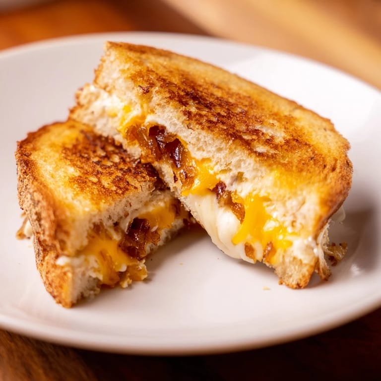 A Caramelized Onion Grilled Cheese is sliced diagonally, revealing gooey melted cheddar and jammy, sweet onion filling.