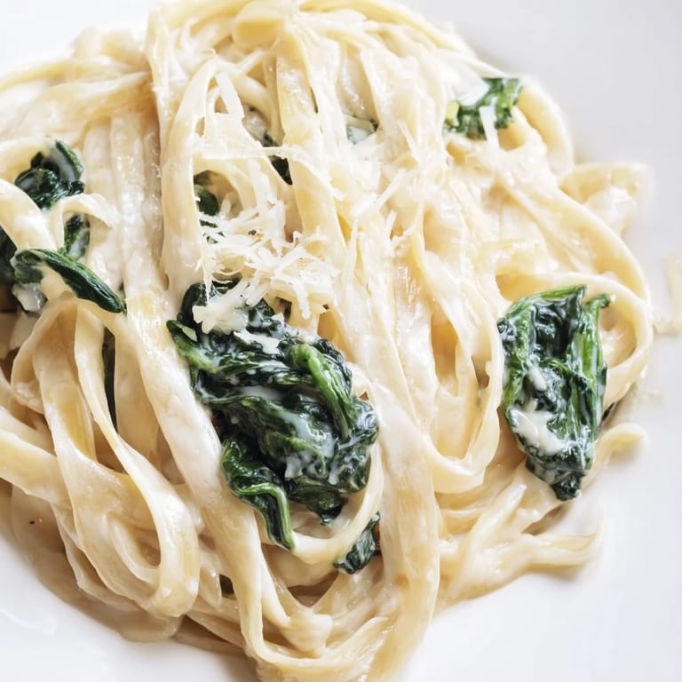 Steaming bowl of Creamy Garlic Spinach Pasta featuring al dente fettuccine coated in rich, savory sauce with wilted greens.
