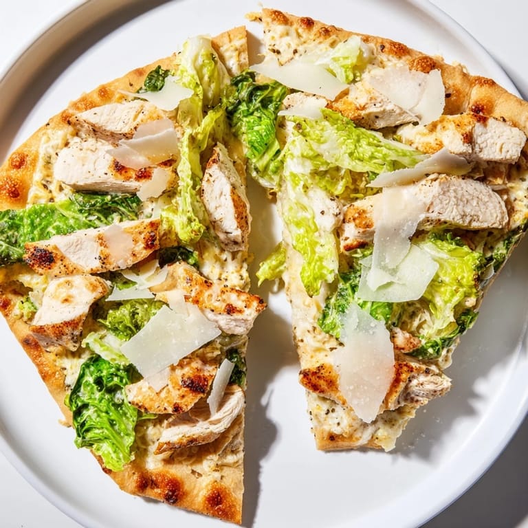 Warm, freshly baked Chicken Caesar Flatbread with juicy grilled chicken, fresh lettuce, and parmesan cheese ready to serve.