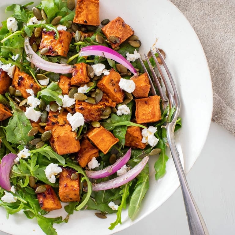 Fresh Roasted Sweet Potato Salad with red onion and arugula, ready for a light lunch.