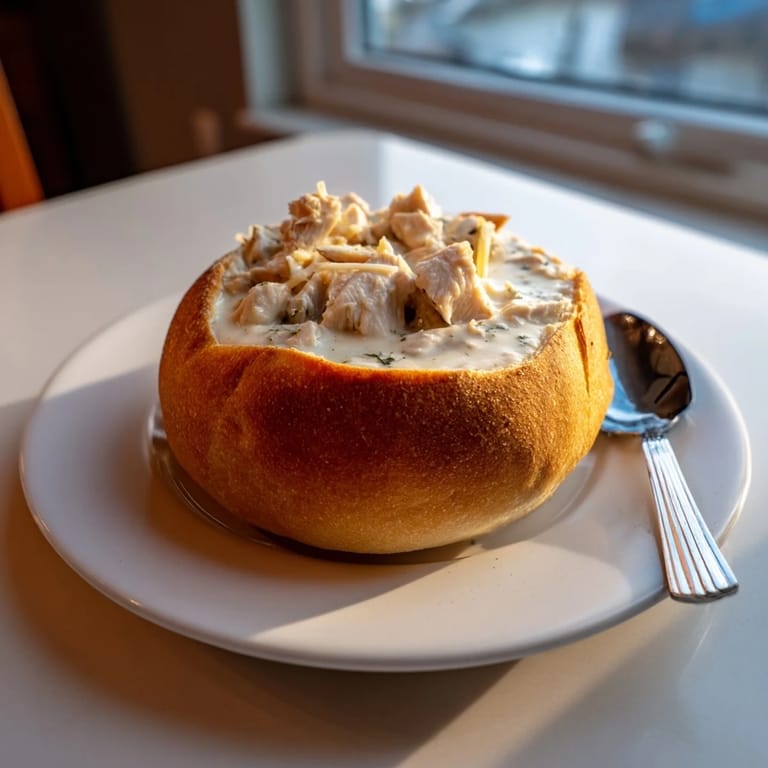 Warm Chicken Alfredo Bread Bowl with golden, bubbly cheese and a crusty shell, ready to serve for dinner.