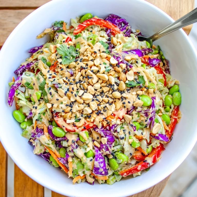 A bowl of Crunchy Thai Peanut Salad tossed with bell peppers and scallions, ready to serve as a light vegan meal.