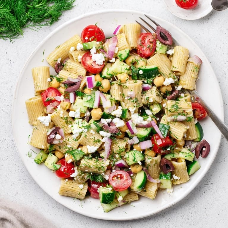 Zesty Mediterranean-inspired lemon herb chickpea pasta salad topped with crumbled feta and kalamata olives, perfect for a light, refreshing summer meal.