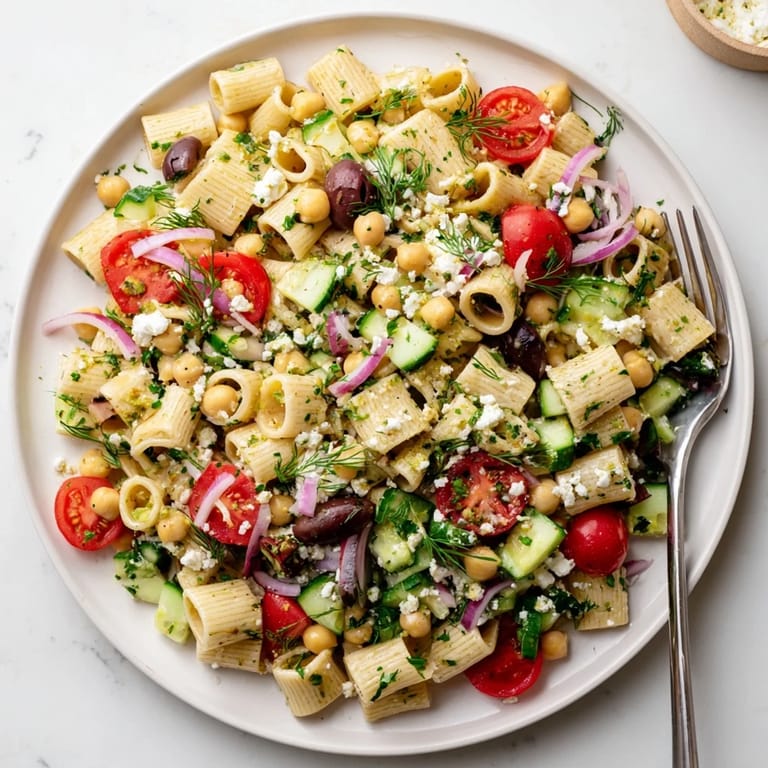 Vibrant gluten-free lemon herb chickpea pasta salad with parsley, dill, and mint, served on a wooden table with lemon wedges for extra zest.