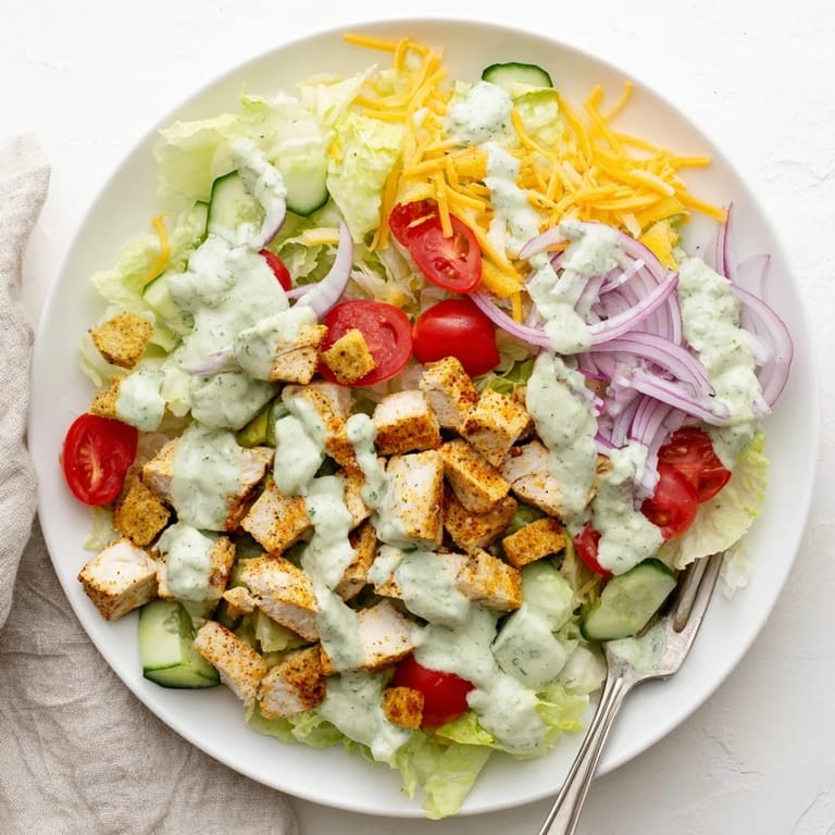 A vibrant, spicy chicken salad topped with crunchy tortilla strips and fresh herbs, served on a white plate with lime wedges.