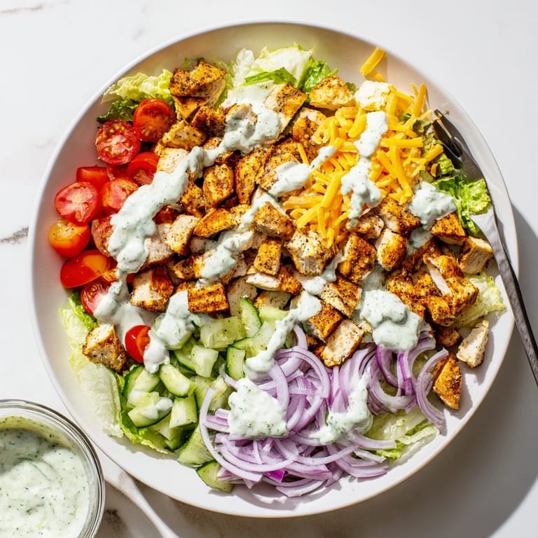 Homemade Jalapeño Ranch Chicken Salad featuring tender seasoned chicken, diced veggies, and a drizzle of zesty green dressing.