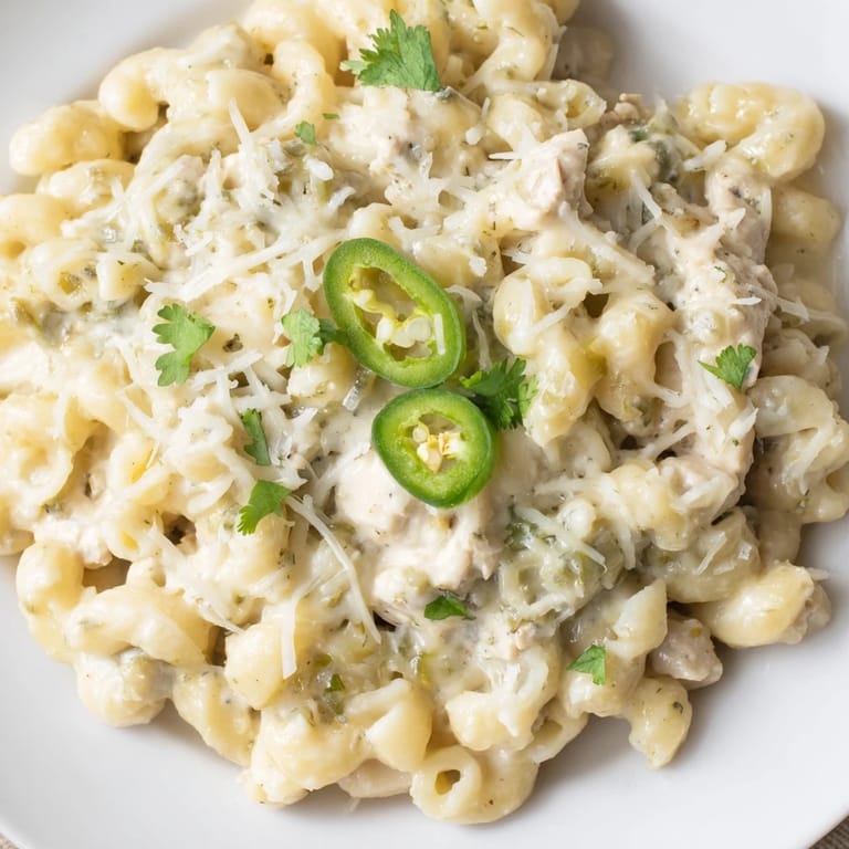 Serve Green Chili Chicken Mac in a rustic bowl, garnished with fresh cilantro and sliced jalapeños for a Southwestern twist.