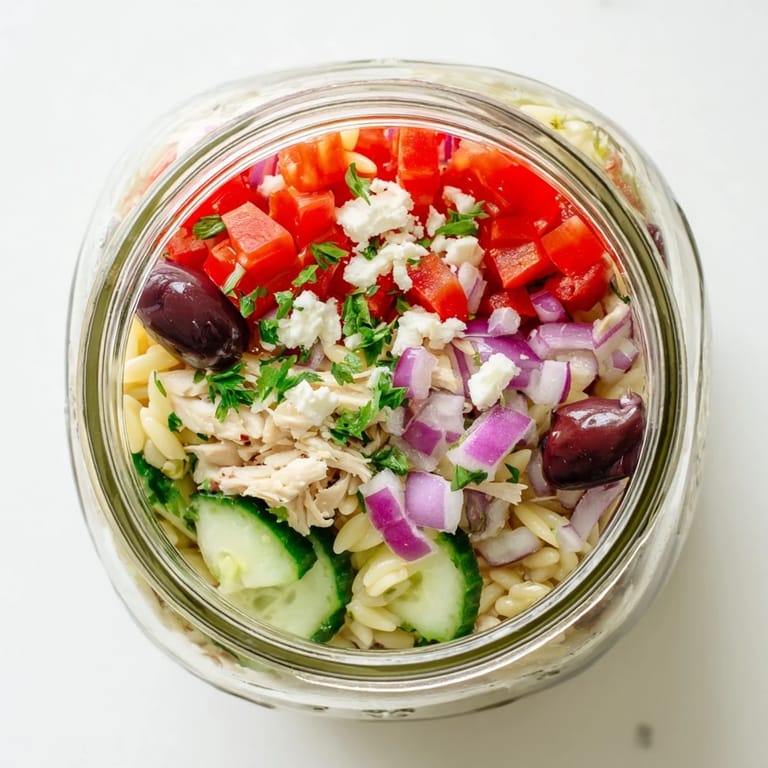 Greek Pasta Chicken Salad Jars are perfect for meal prep, with colorful vegetables and briny olives visible through the glass.