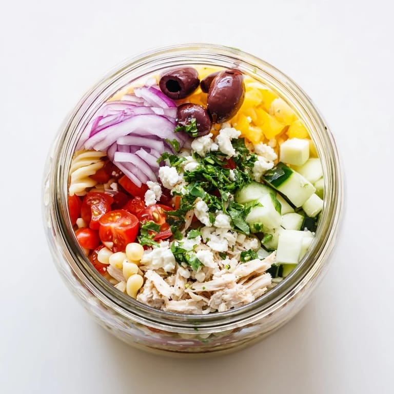 Shaken and ready to eat, the Greek Pasta Chicken Salad Jar offers a hearty Mediterranean lunch with creamy feta and fresh parsley.