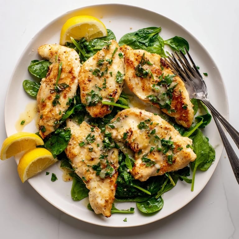 Fork-tender Spinach Lemon Butter Chicken served over garlicky wilted spinach, garnished with fresh parsley and lemon zest.